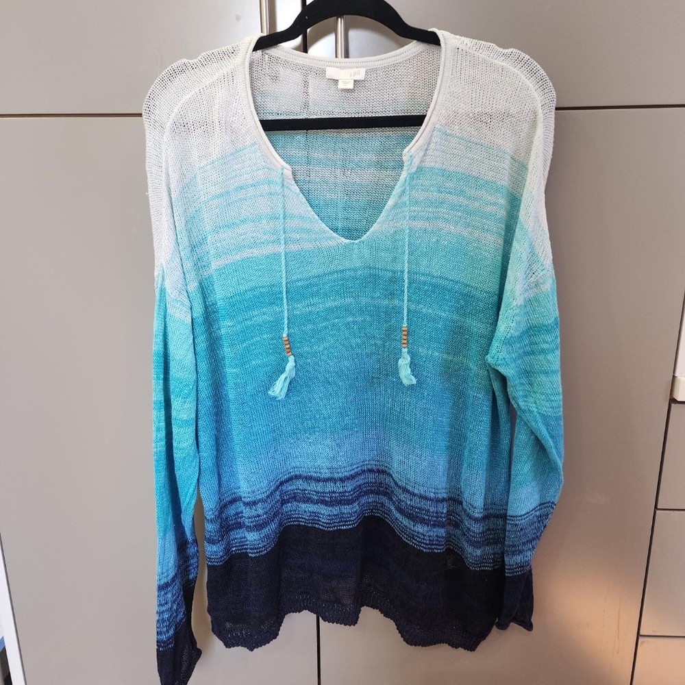 J. JILL BLUE OMBRE OPEN KNIT TASSEL V-NECK 100% LINEN BLOUSE - XL